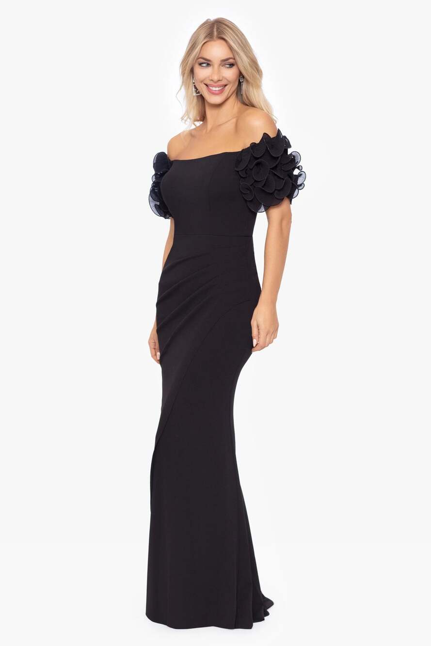 Xscape Women 6 Black Ashlyn Scuba Crepe Wire Flower Off the Shoulder Gown I14-15